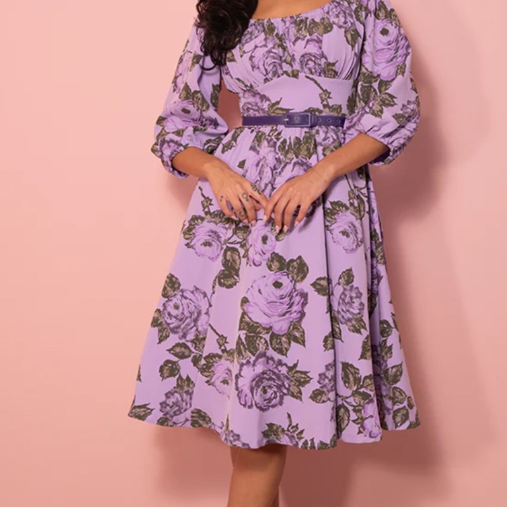 💜 Vacation Dress in Vintage Purple Roses – Vixen by Micheline Pitt – Size S 💜